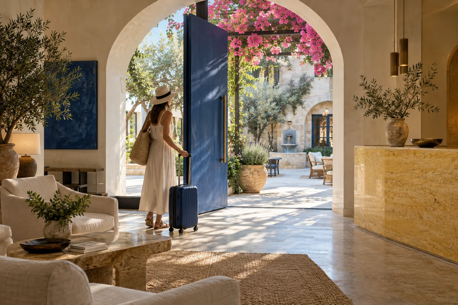 A traveler entering a boutique hotel courtyard through a tall cobalt door